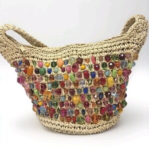 Cappelli Straworld Woven Beaded Rafia Tote Shoulder Bag Boho Beach Summer